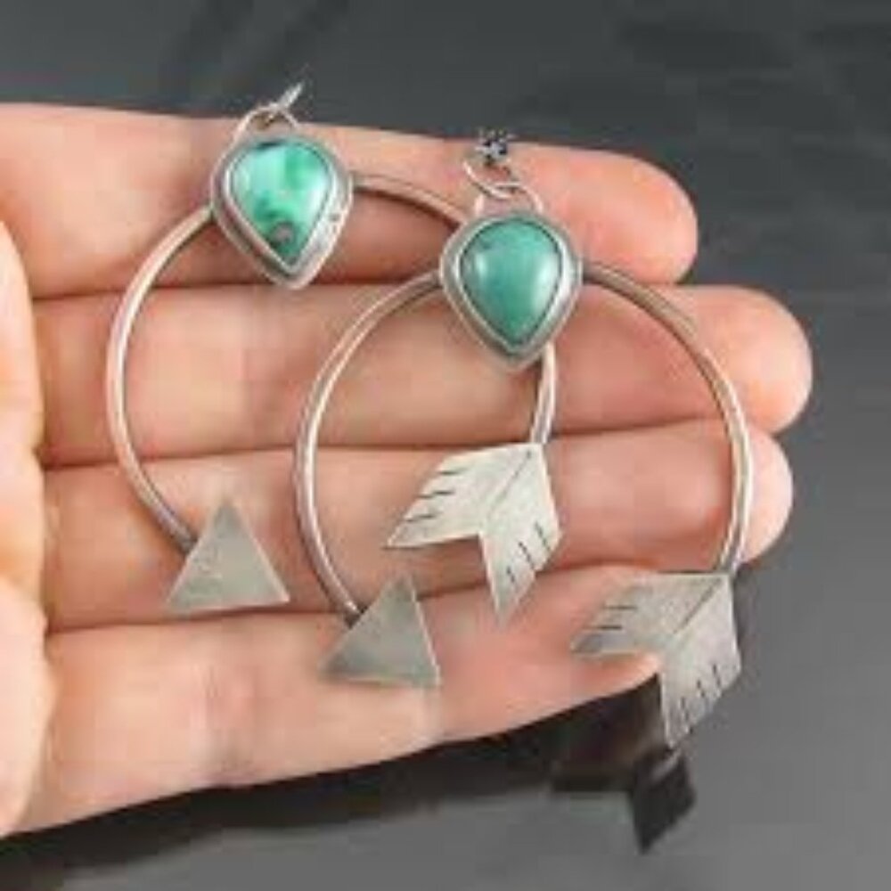 Silver Curved Arrow with Turquoise Colored Stone Earrings *E726